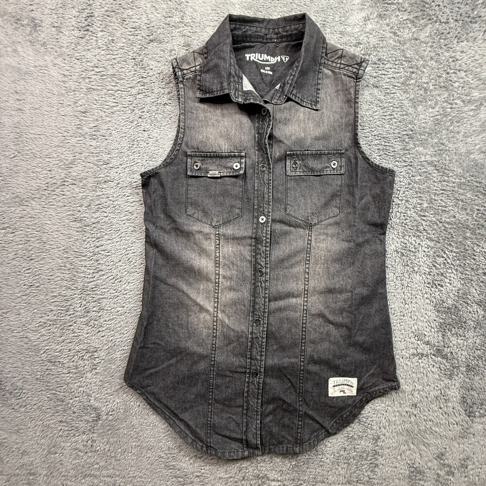 Triumph Motorcycles Womens Denim S Sleeveless Button Up Shirt Gray 100% Cotton